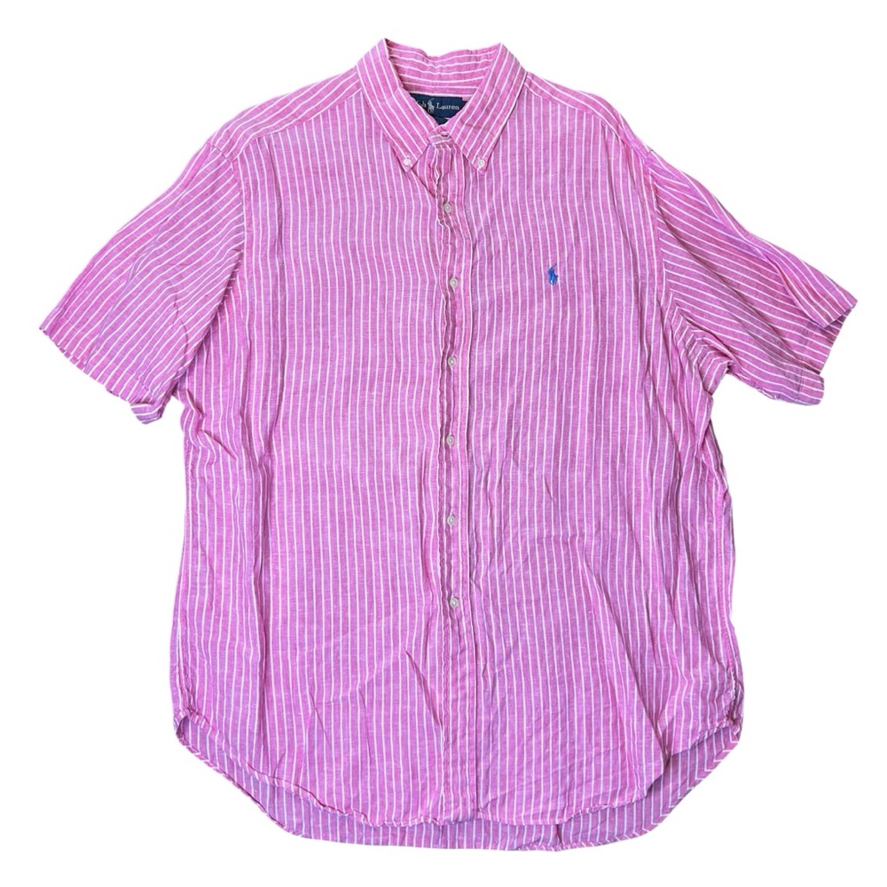 Polo Ralph Lauren Classic Fit Men’s Pink Striped Linen Shirt w/ Blue Logo, XL